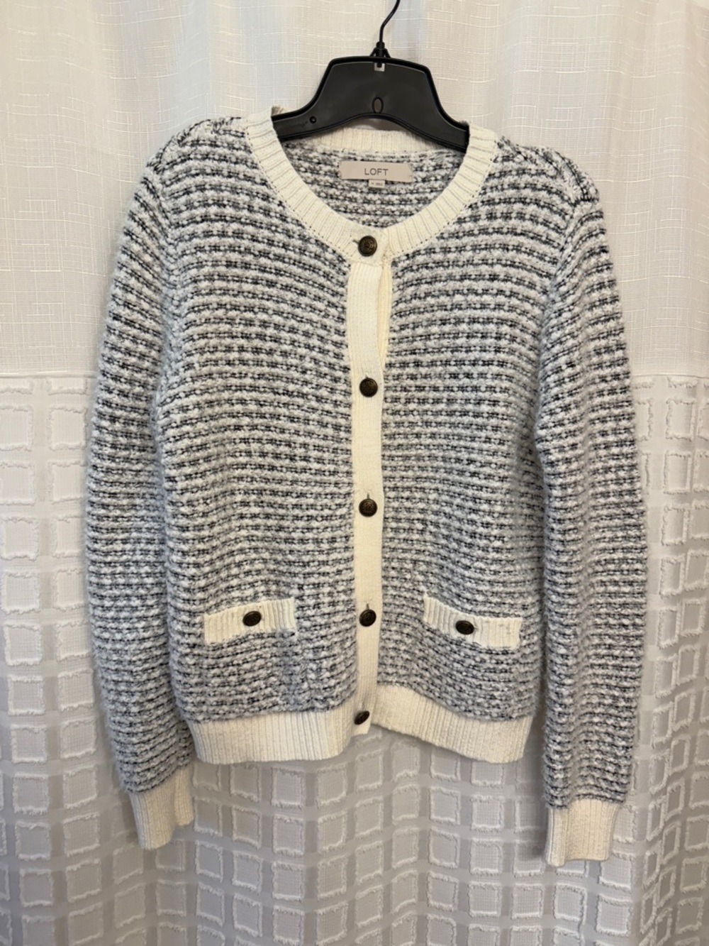 LOFT Cream and Gray Knit Button Front Cardigan